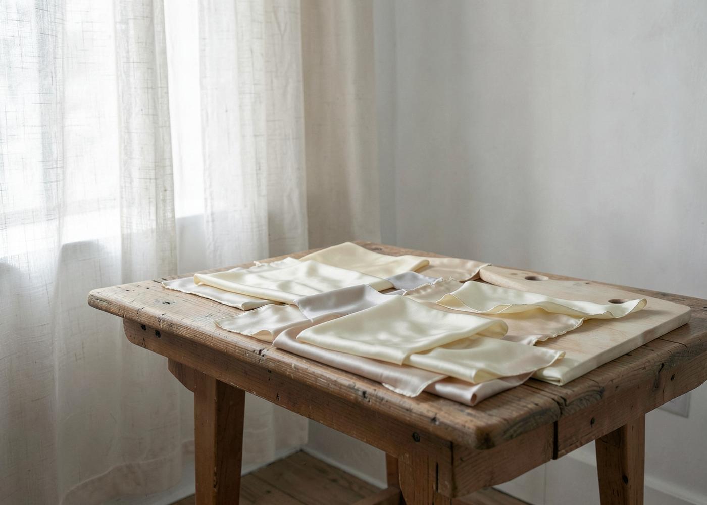 Bolts of ivory silk resting on a wooden table in a quiet atelier