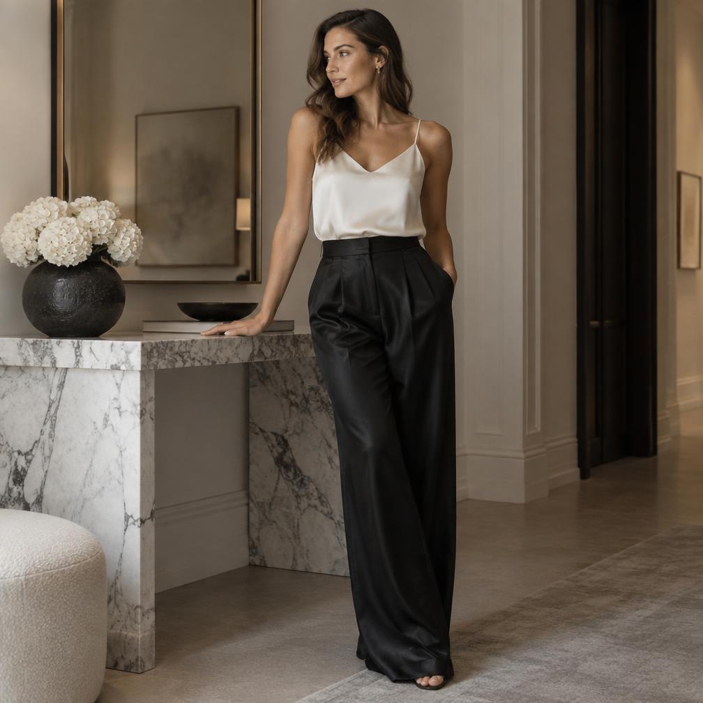 Dana K. wearing the Silk Straight Pants